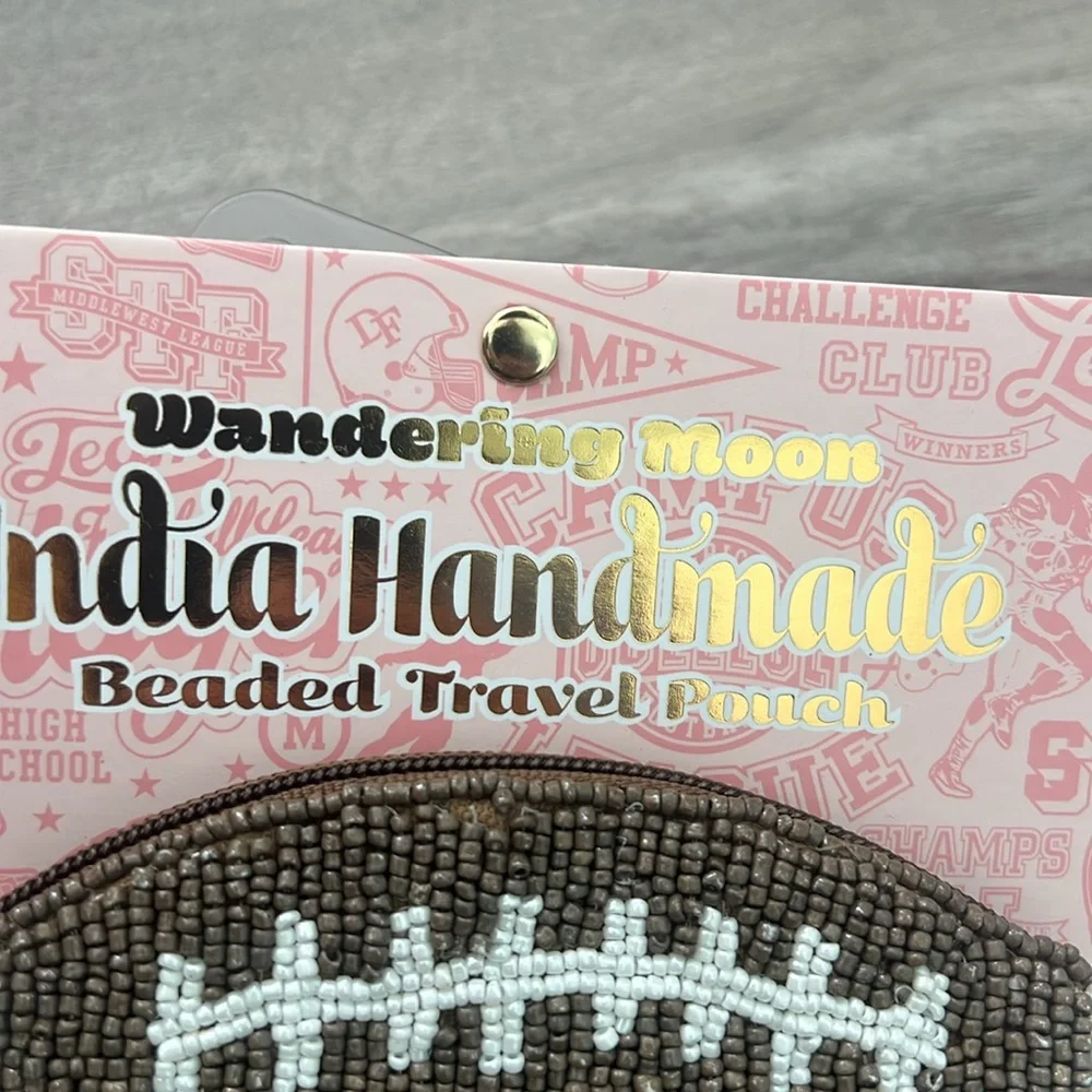 Brown Beaded Football Coin Purse Wandering Moon Handmade in India NWT